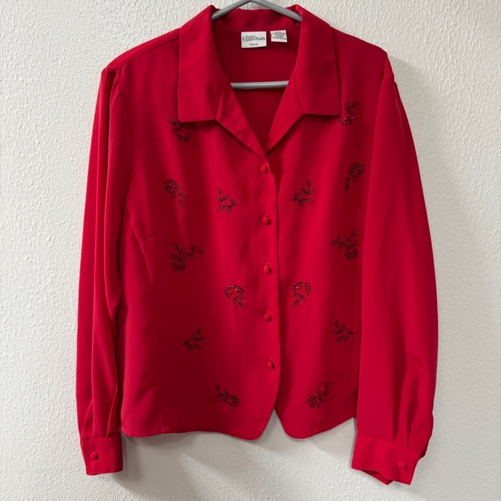 Essentials Red Long-Sleeve Button-Front Blouse with Black Embroidery